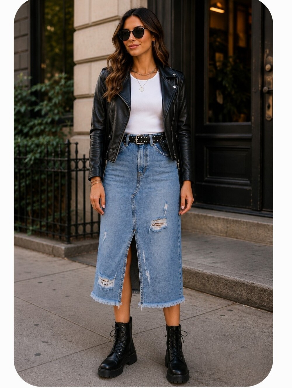 Denim Midi Skirt with Front Slit - Light Blue